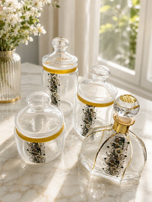 4 pc set high quality with stone work 3 jars 1 ittar bottle
