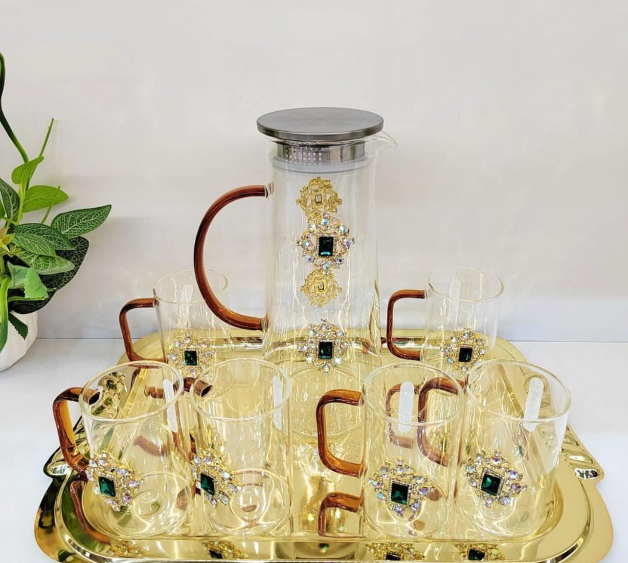 Water set with tray 7 pcs set luxury fancy crokery with stonework